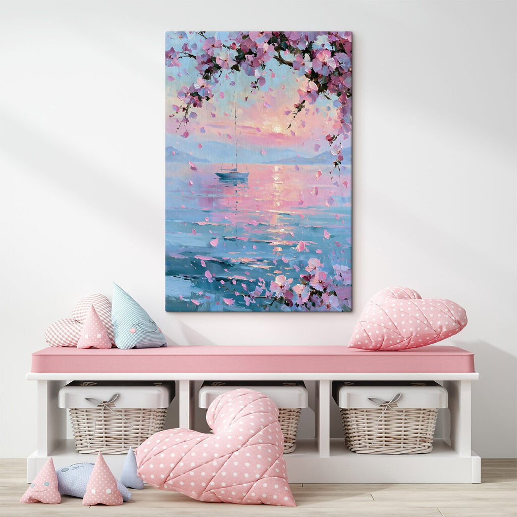 Painting of a sailboat on a calm body of water with pink flowers