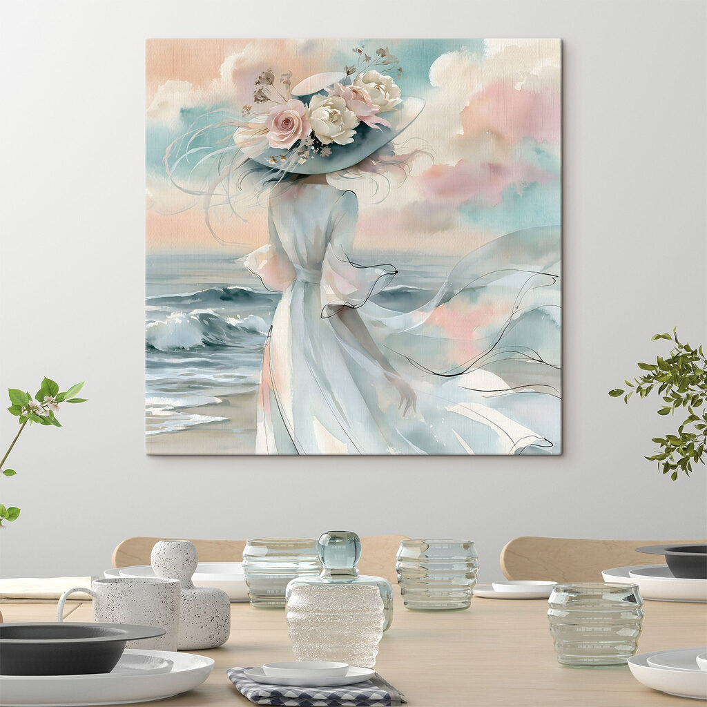 Woman in a dress with flowers on her hat Woman in a dress with flowers on her hat