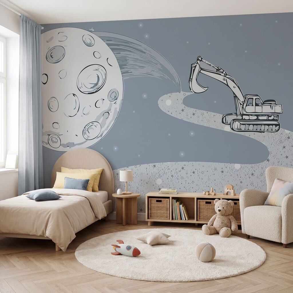 Vignetta raffigurante un bulldozer e una luna Vignetta raffigurante un bulldozer e una luna