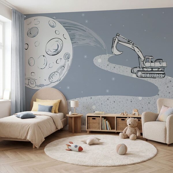 Vignetta raffigurante un bulldozer e una luna Vignetta raffigurante un bulldozer e una luna