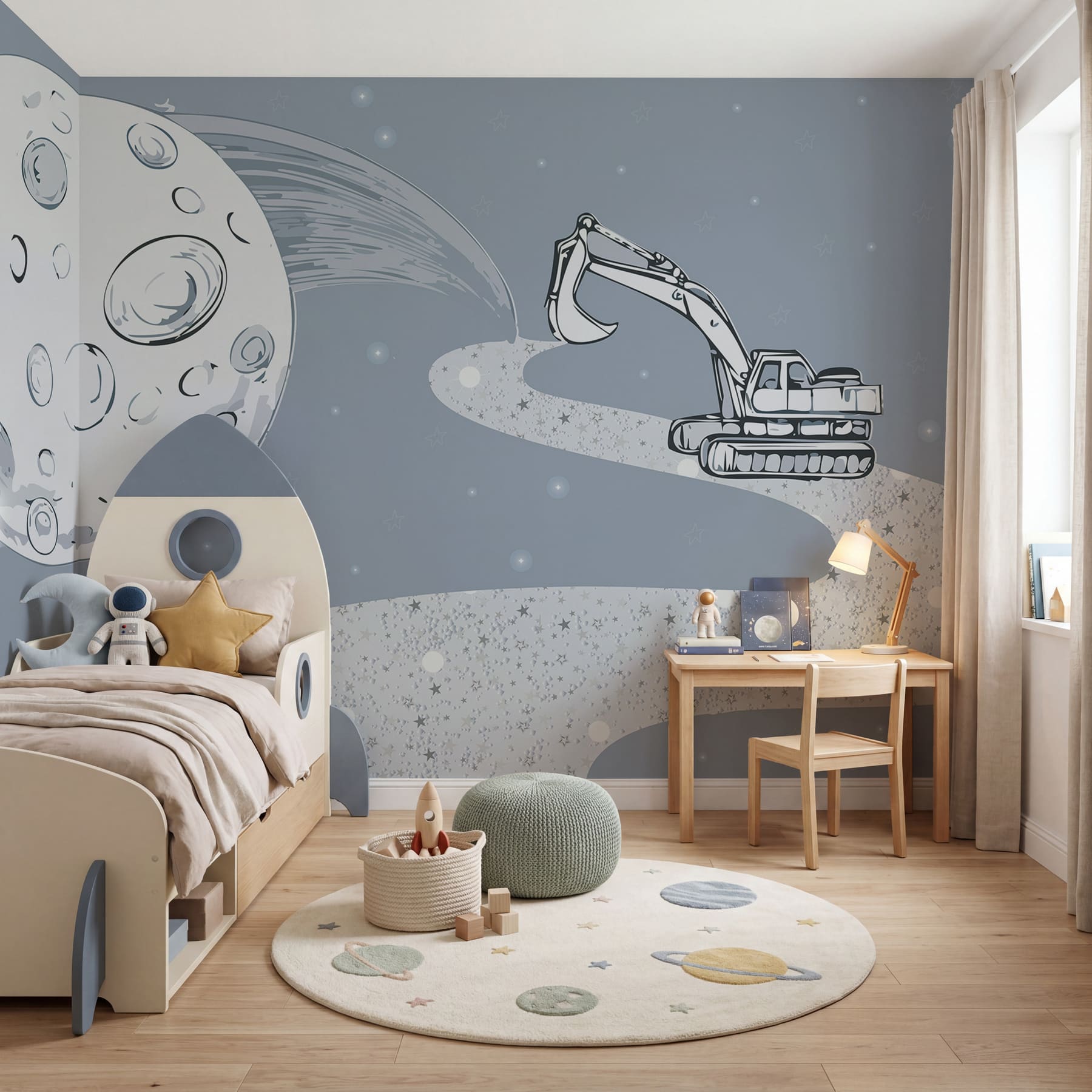 Vignetta raffigurante un bulldozer e una luna Vignetta raffigurante un bulldozer e una luna