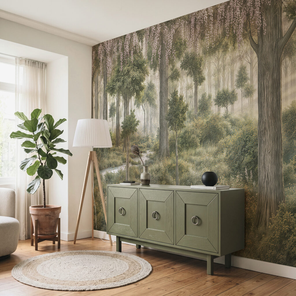 Dipinto raffigurante una foresta con alberi e piante Dipinto raffigurante una foresta con alberi e piante