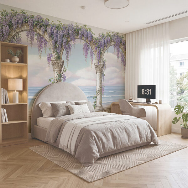 Dipinto raffigurante un arco decorato con fiori viola Dipinto raffigurante un arco decorato con fiori viola