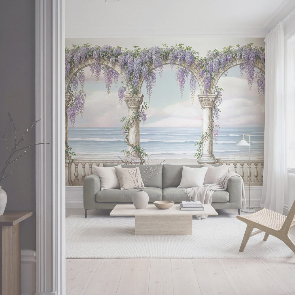 Dipinto raffigurante un arco decorato con fiori viola Dipinto raffigurante un arco decorato con fiori viola