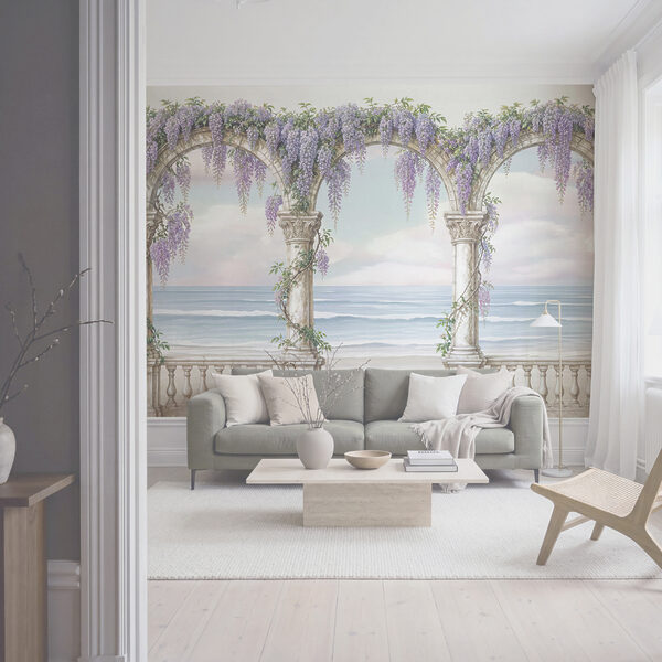 Dipinto raffigurante un arco decorato con fiori viola Dipinto raffigurante un arco decorato con fiori viola
