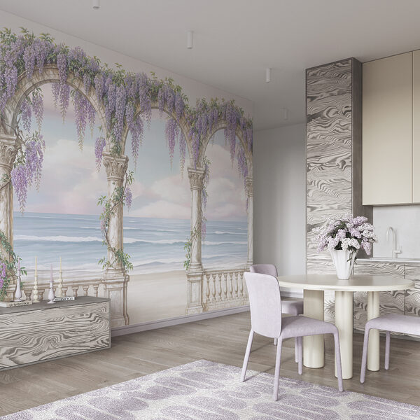Dipinto raffigurante un arco decorato con fiori viola Dipinto raffigurante un arco decorato con fiori viola