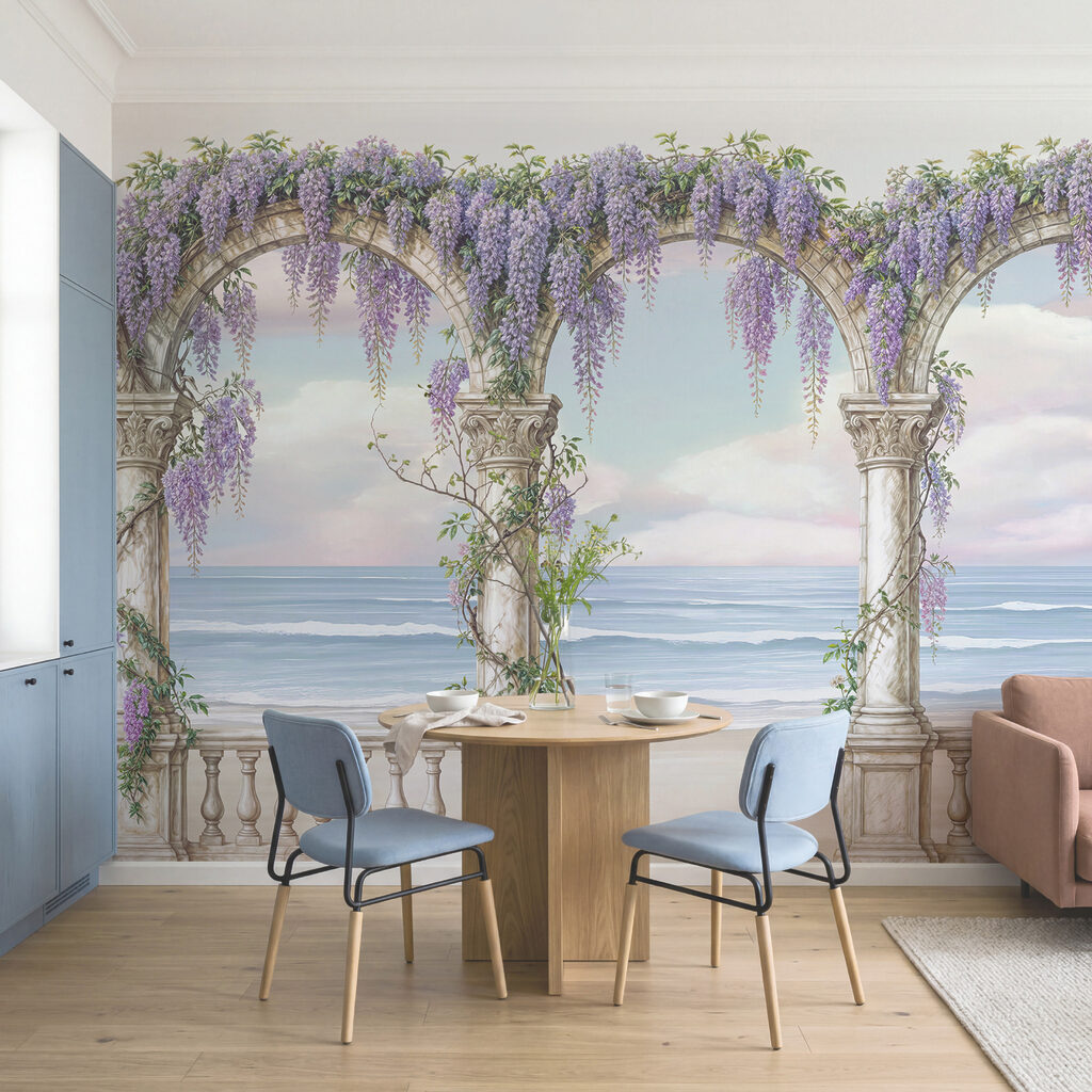 Dipinto raffigurante un arco decorato con fiori viola Dipinto raffigurante un arco decorato con fiori viola