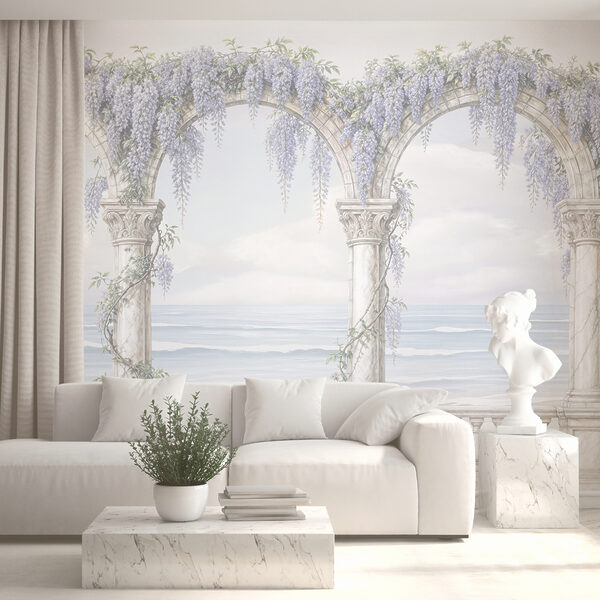 Arco bianco decorato con fiori viola Arco bianco decorato con fiori viola
