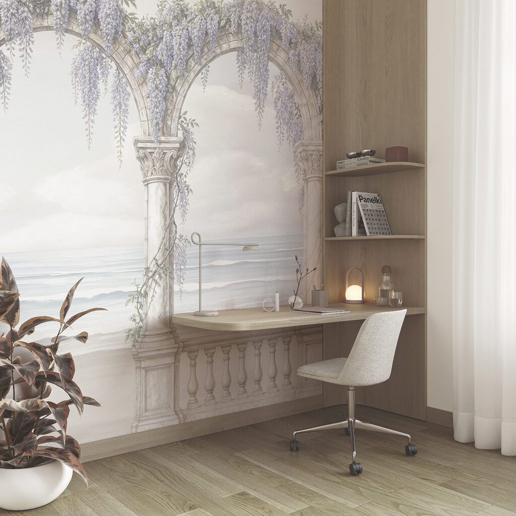 Arco bianco decorato con fiori viola Arco bianco decorato con fiori viola