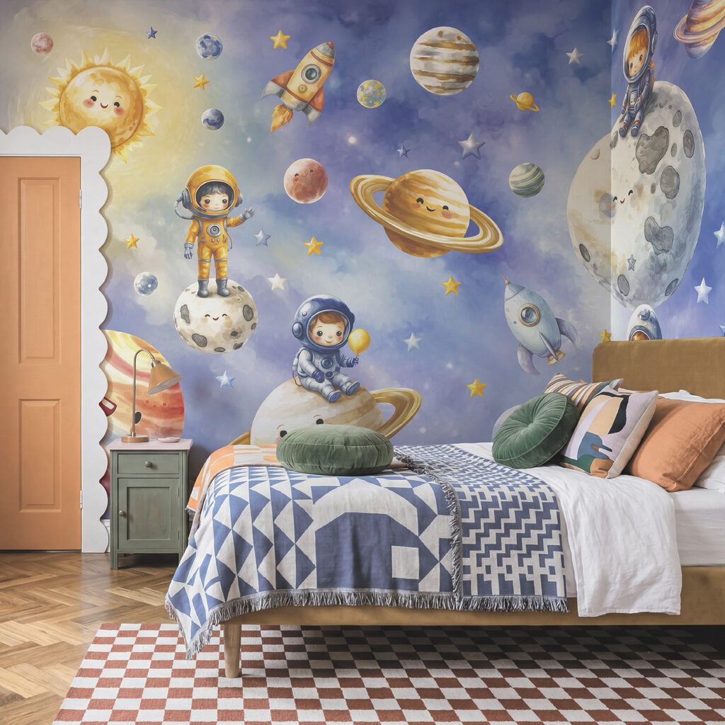 Gruppo di astronauti e pianeti disegnati in stile cartone animato Gruppo di astronauti e pianeti disegnati in stile cartone animato