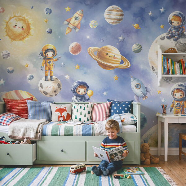 Gruppo di astronauti e pianeti disegnati in stile cartone animato Gruppo di astronauti e pianeti disegnati in stile cartone animato