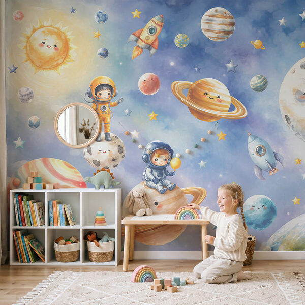 Gruppo di astronauti e pianeti disegnati in stile cartone animato Gruppo di astronauti e pianeti disegnati in stile cartone animato