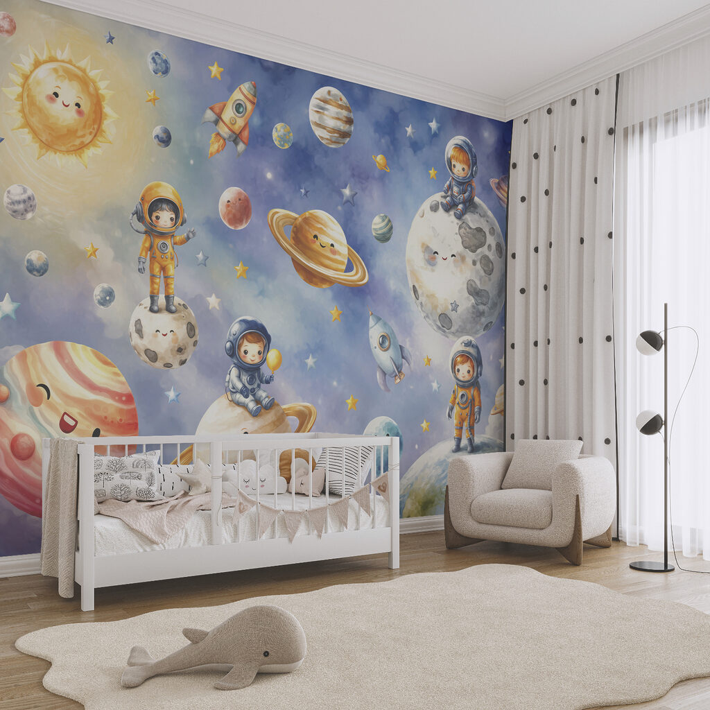 Gruppo di astronauti e pianeti disegnati in stile cartone animato Gruppo di astronauti e pianeti disegnati in stile cartone animato