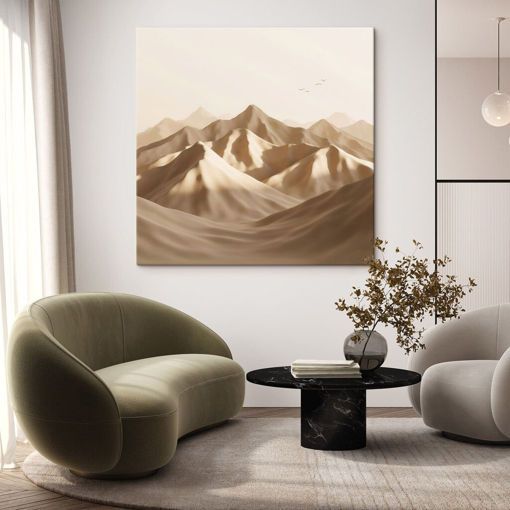 Desert landscape with mountains and birds flying