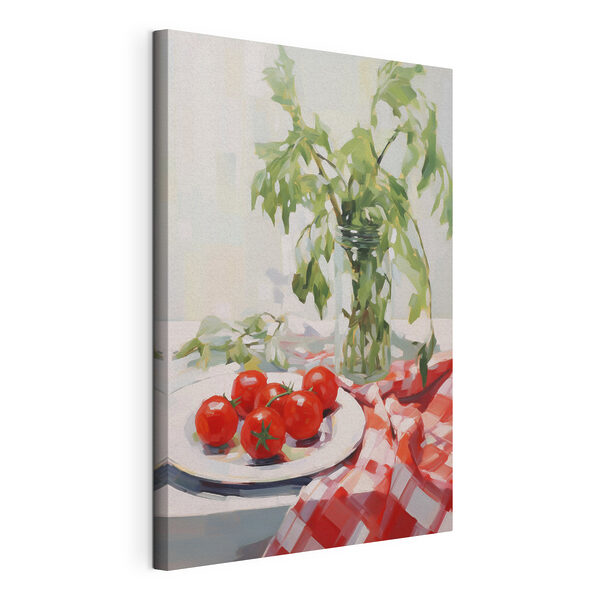 Quadri Quadri Dipinto raffigurante dei pomodori su un piatto accanto a un vaso con foglie verdi (COD: s50064)