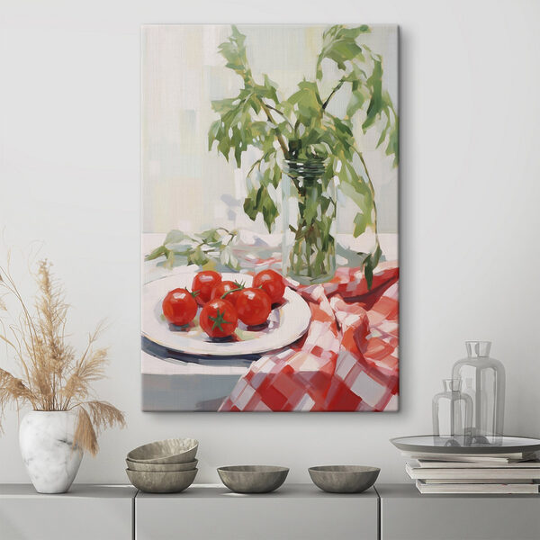 Painting of tomatoes on a plate next to a vase of green leaves