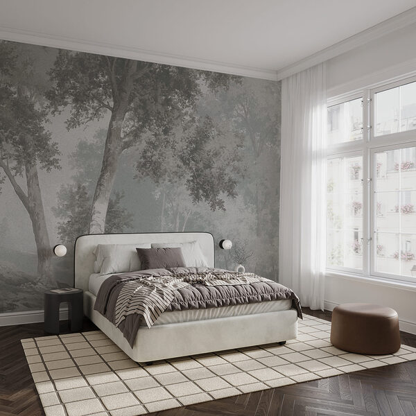 Paesaggio grigio e bianco con alberi e un fiume Paesaggio grigio e bianco con alberi e un fiume