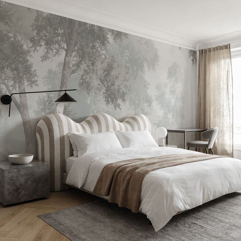 Paesaggio grigio e bianco con alberi e un fiume Paesaggio grigio e bianco con alberi e un fiume