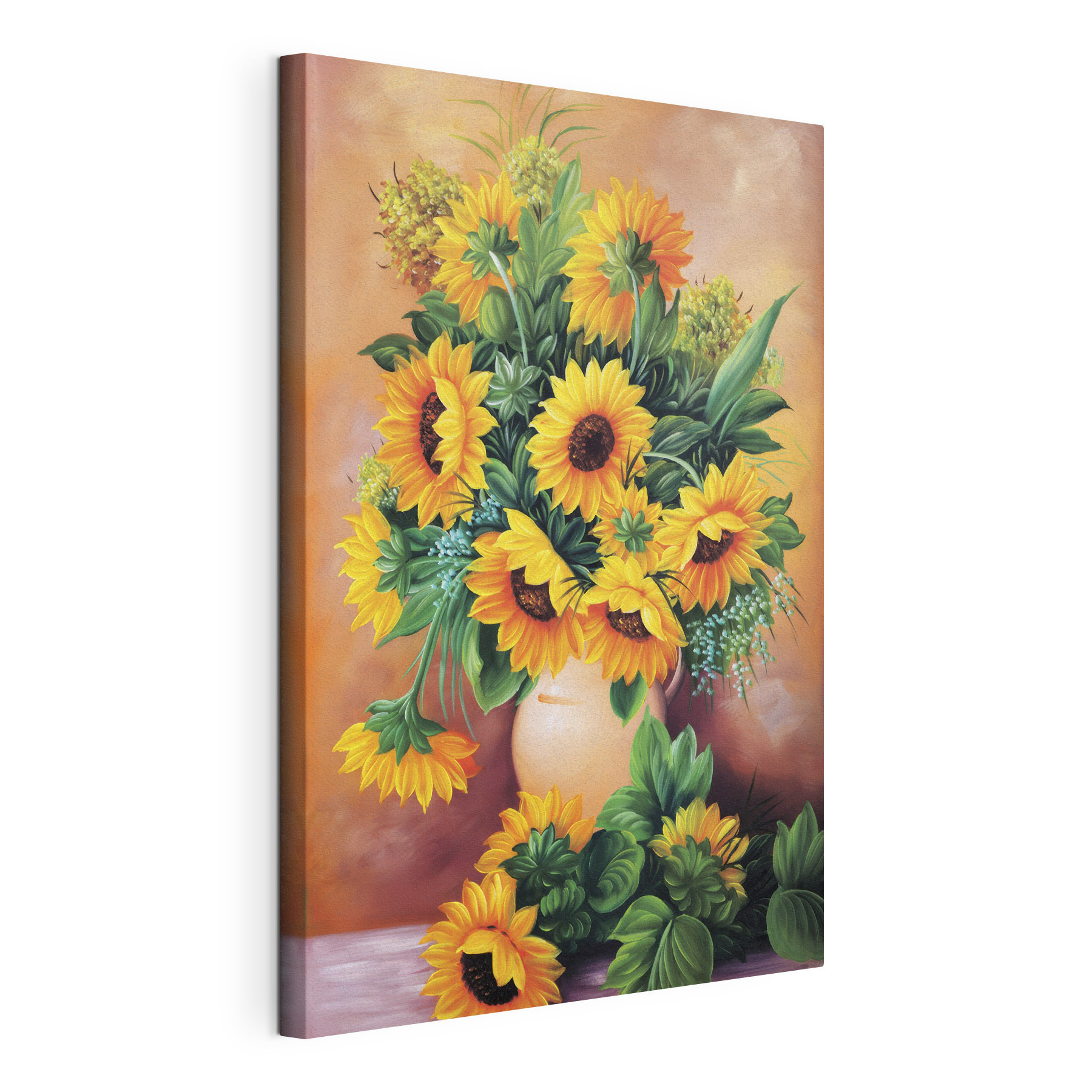 A painting of sunflowers in a vase
