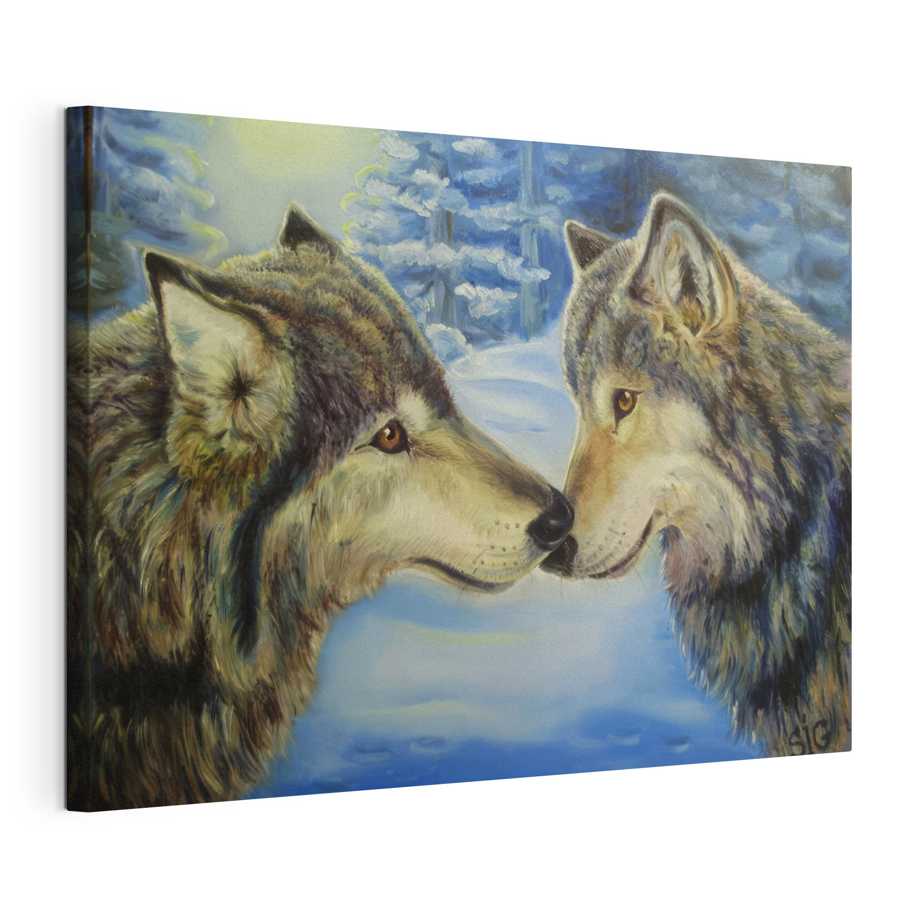 A painting of two wolves kissing