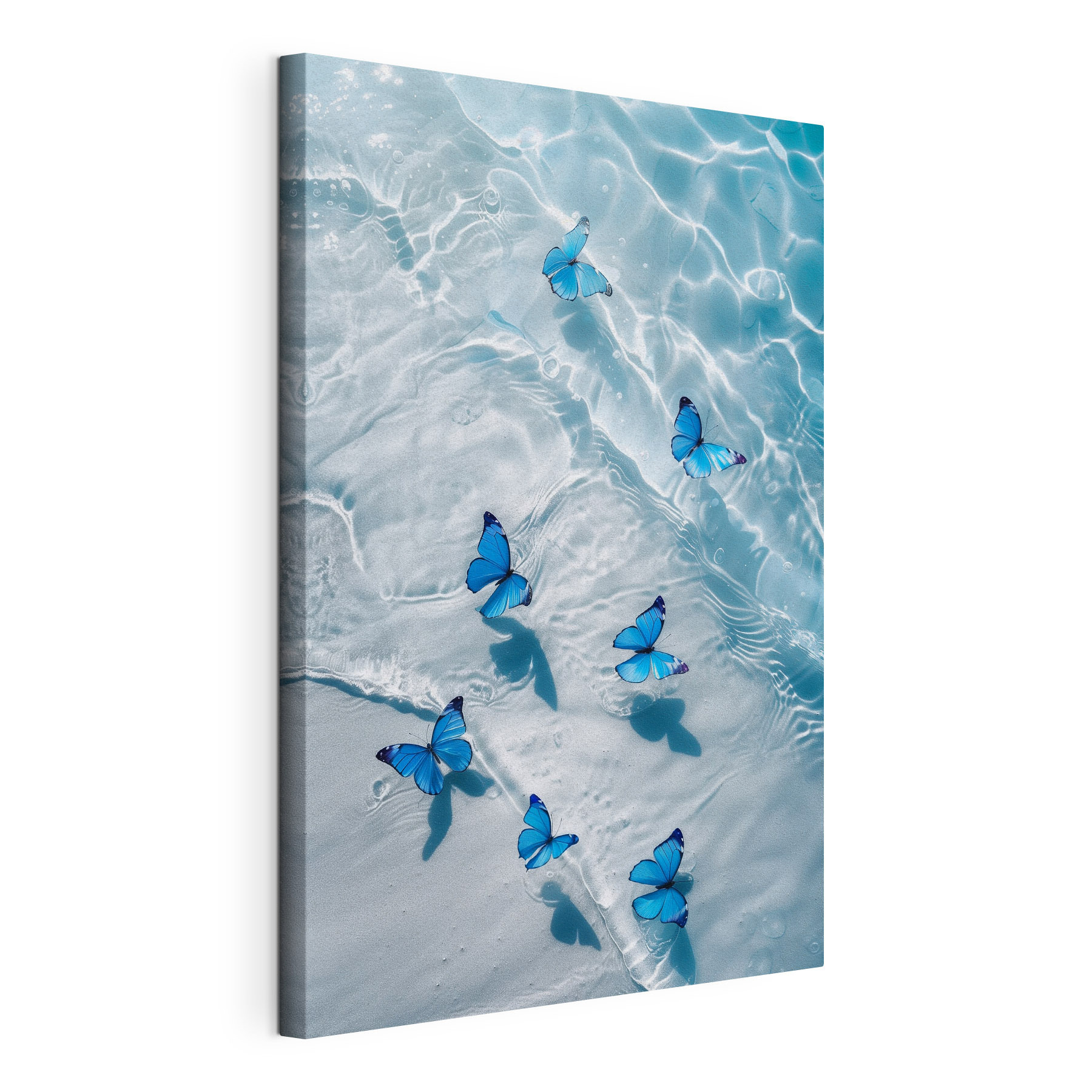 A group of blue butterflies floating on water