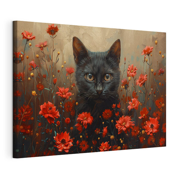 Quadri Quadri Gatto nero in un campo di fiori rossi (COD: s40839)