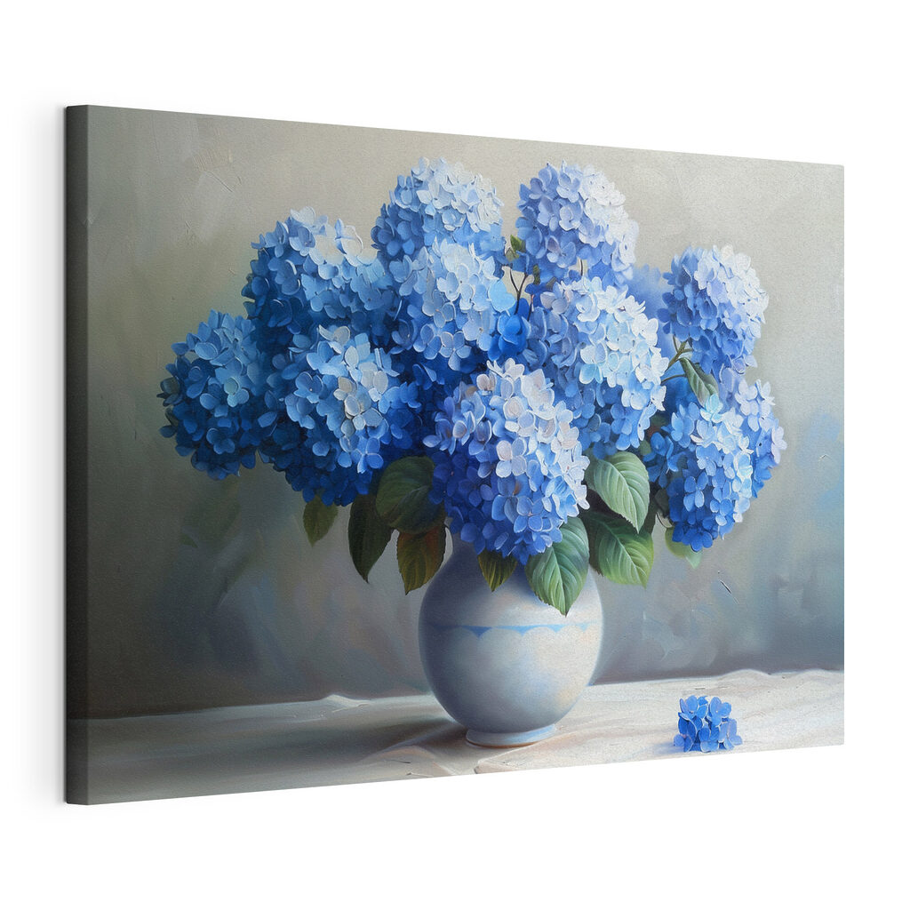 A painting of blue flowers in a vase A painting of blue flowers in a vase