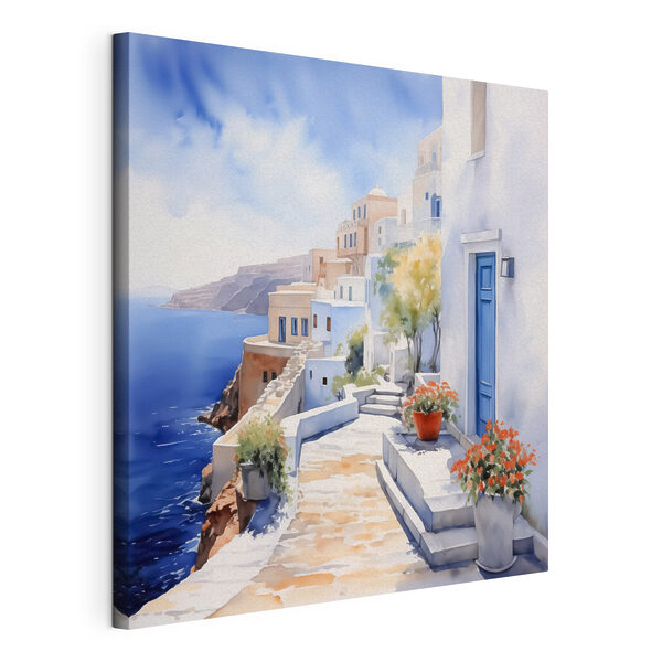 Acquerello raffigurante un edificio bianco con porte blu e fiori su una scogliera Quadri Acquerello raffigurante un edificio bianco con porte blu e fiori su una scogliera