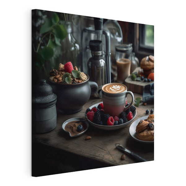 Quadri Una tazza di caffè con decorazioni di latte su un piatto con frutta e cereali (COD: s32154) Quadri Quadri Una tazza di caffè con decorazioni di latte su un piatto con frutta e cereali (COD: s32154)