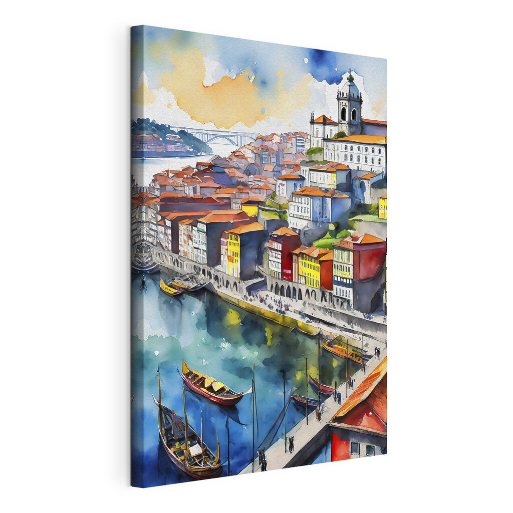 Watercolor of a city with boats and a bridge