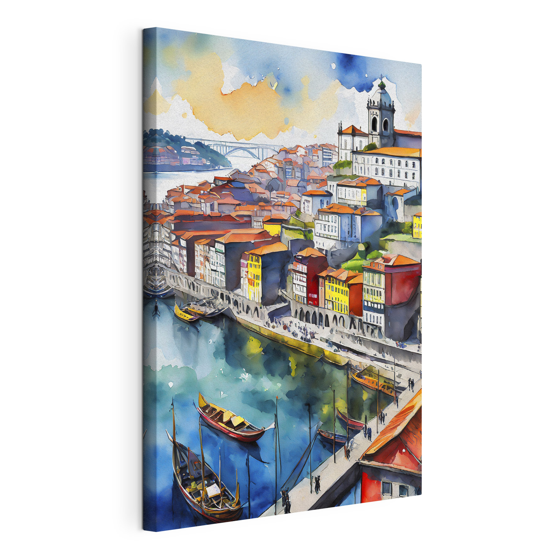 Watercolor of a city with boats and a bridge