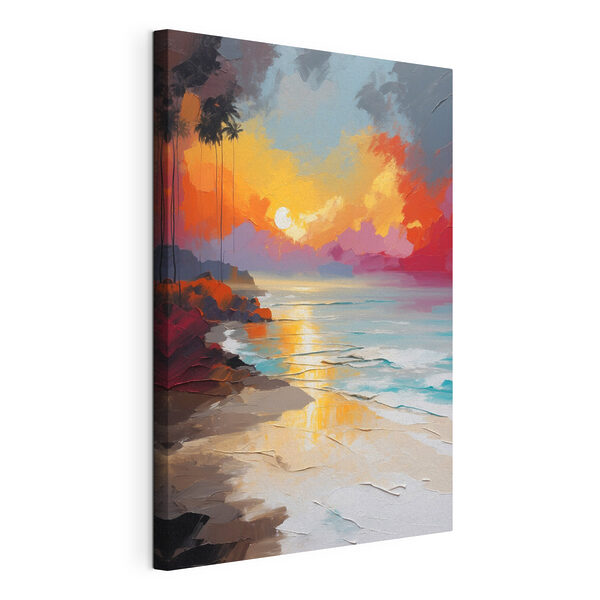Un dipinto raffigurante una spiaggia con palme e un tramonto Quadri Un dipinto raffigurante una spiaggia con palme e un tramonto