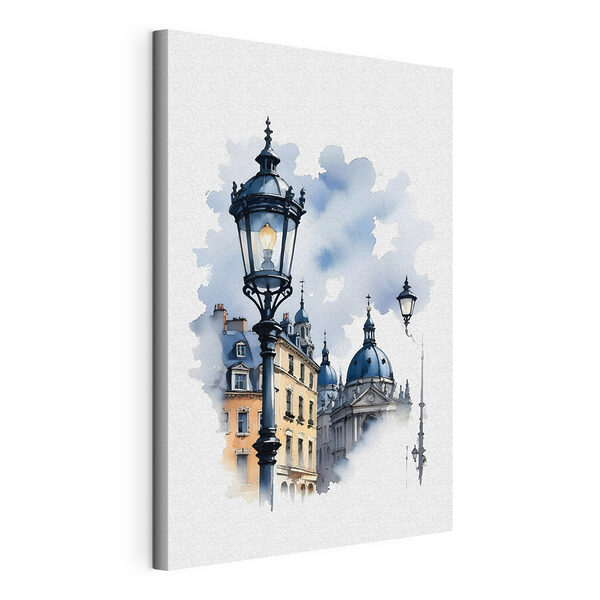 Un lampione con cupole blu e edifici sullo sfondo Quadri Un lampione con cupole blu e edifici sullo sfondo