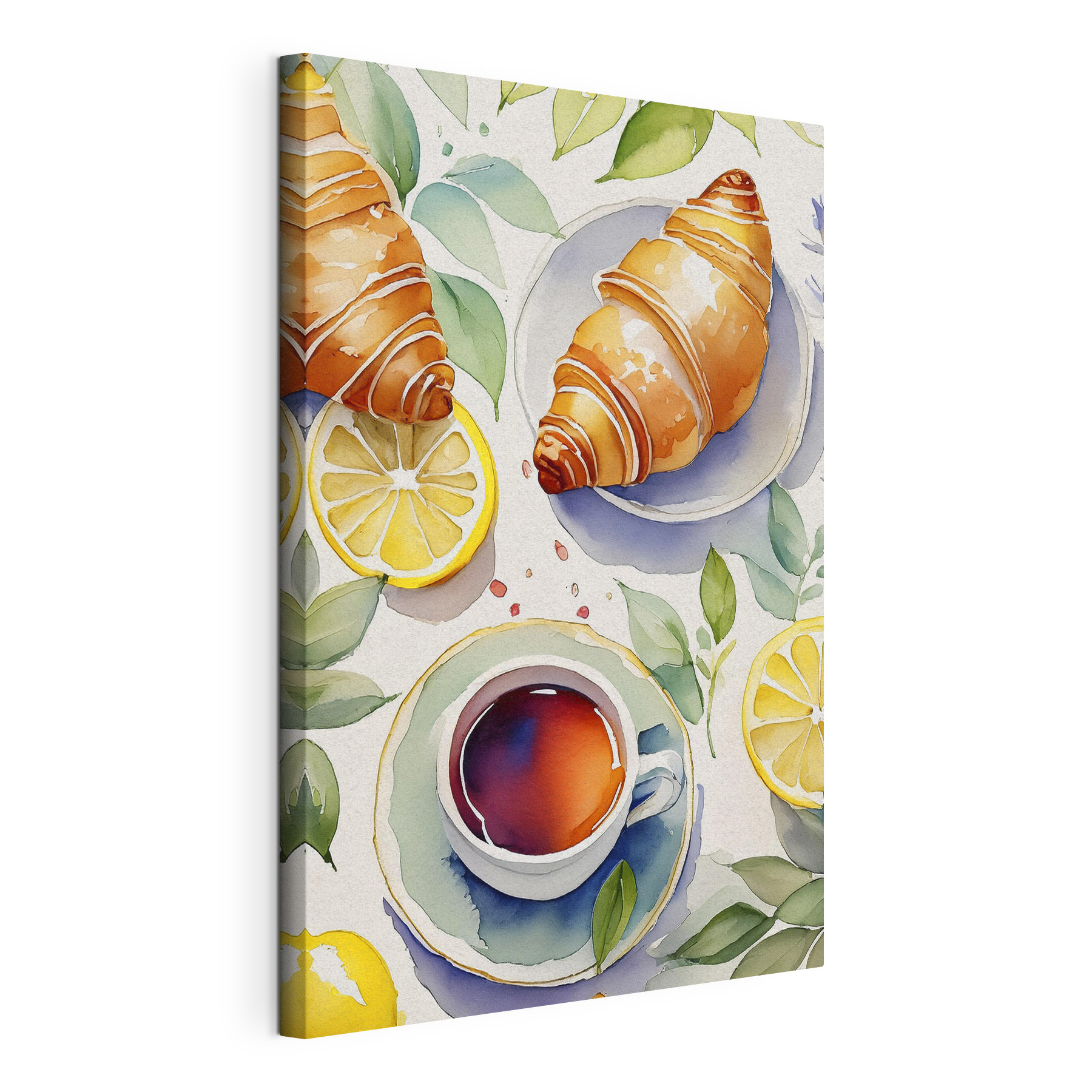 Watercolor of a croissant and a cup of tea
