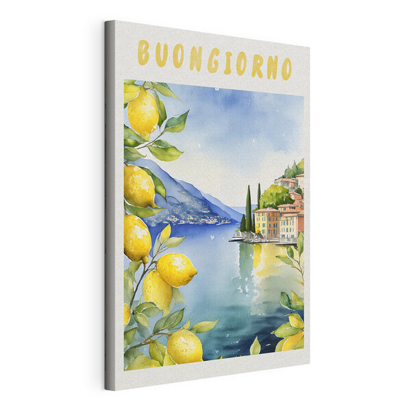 Watercolor painting of a city and a body of water