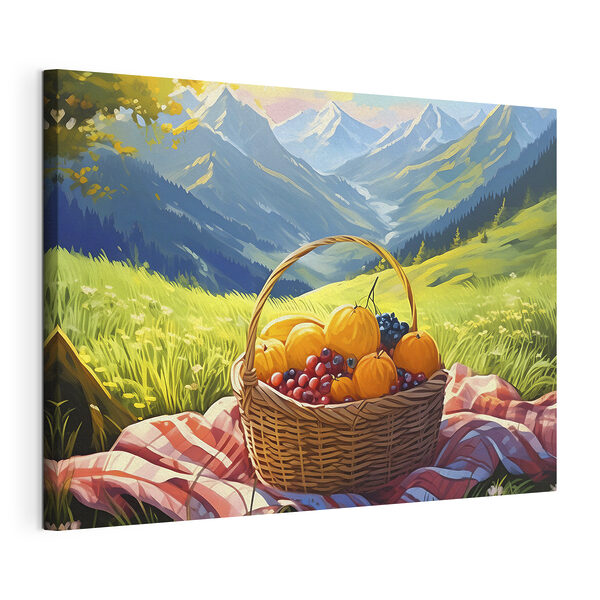 Un cesto di frutta su una coperta in un prato Quadri Un cesto di frutta su una coperta in un prato