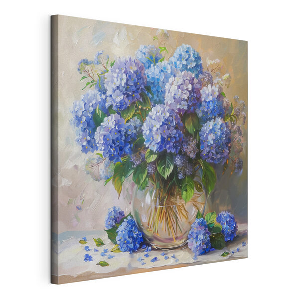 Quadri Un dipinto raffigurante un vaso con fiori blu