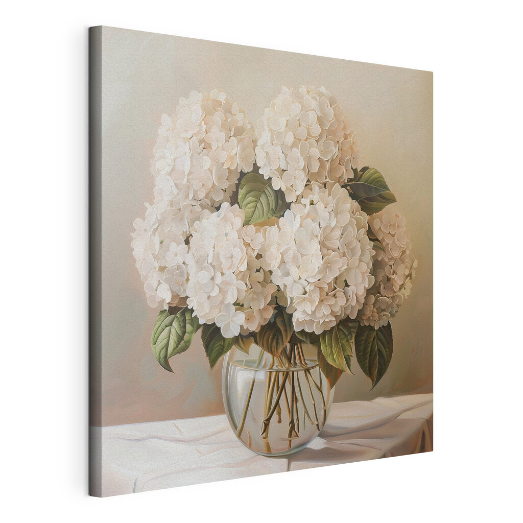 A painting of a bouquet of white flowers in a glass vase A painting of a bouquet of white flowers in a glass vase