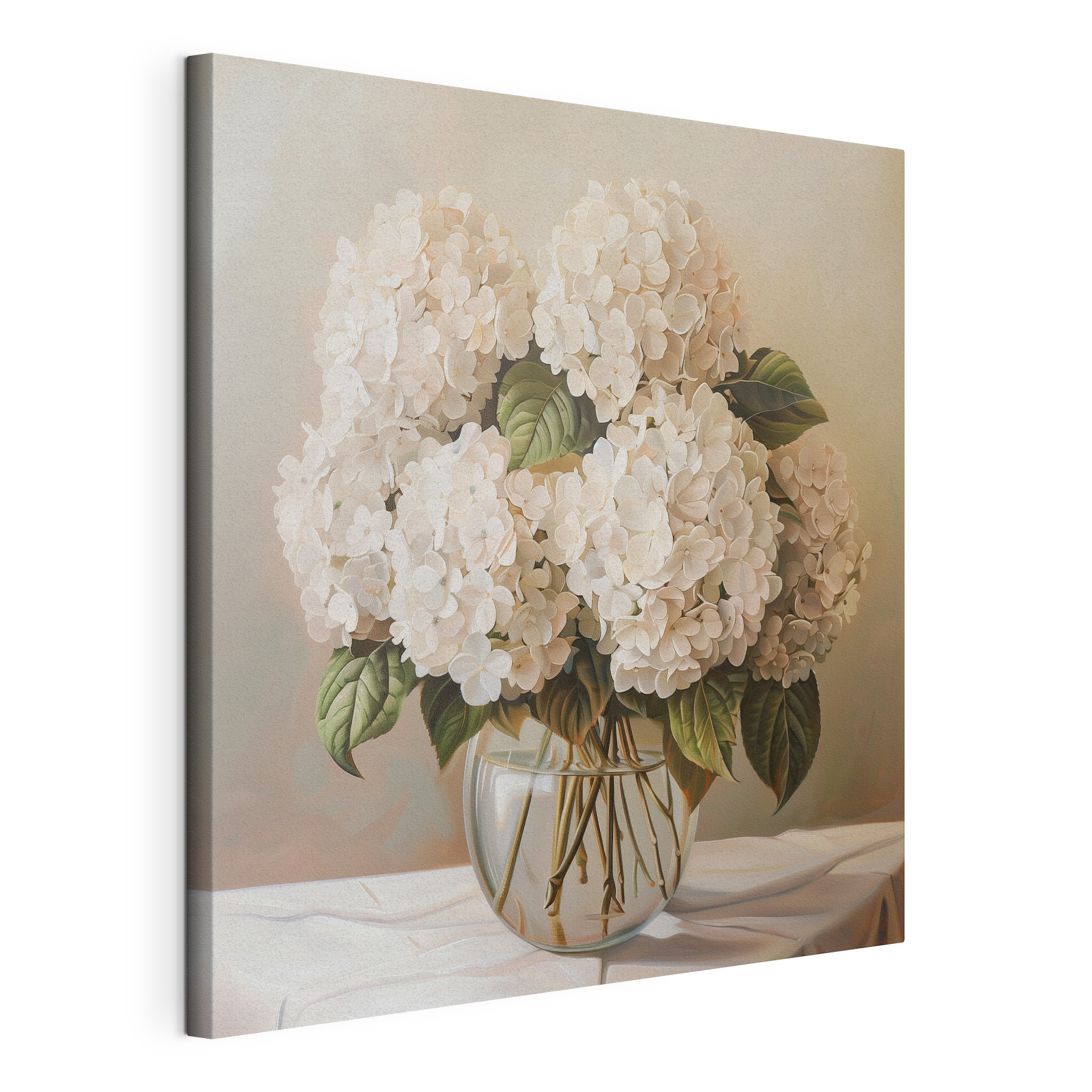 A painting of a bouquet of white flowers in a glass vase A painting of a bouquet of white flowers in a glass vase