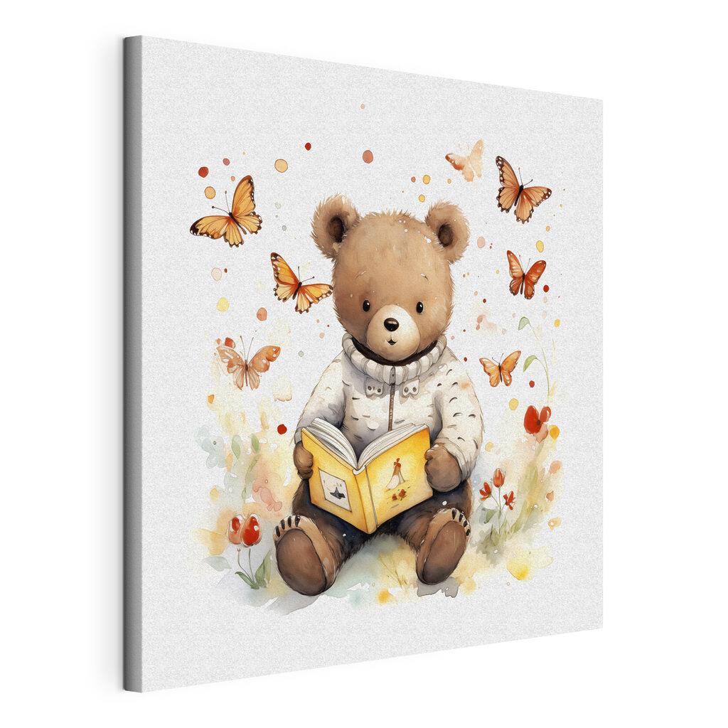 A teddy bear reading a book with butterflies flying around A teddy bear reading a book with butterflies flying around