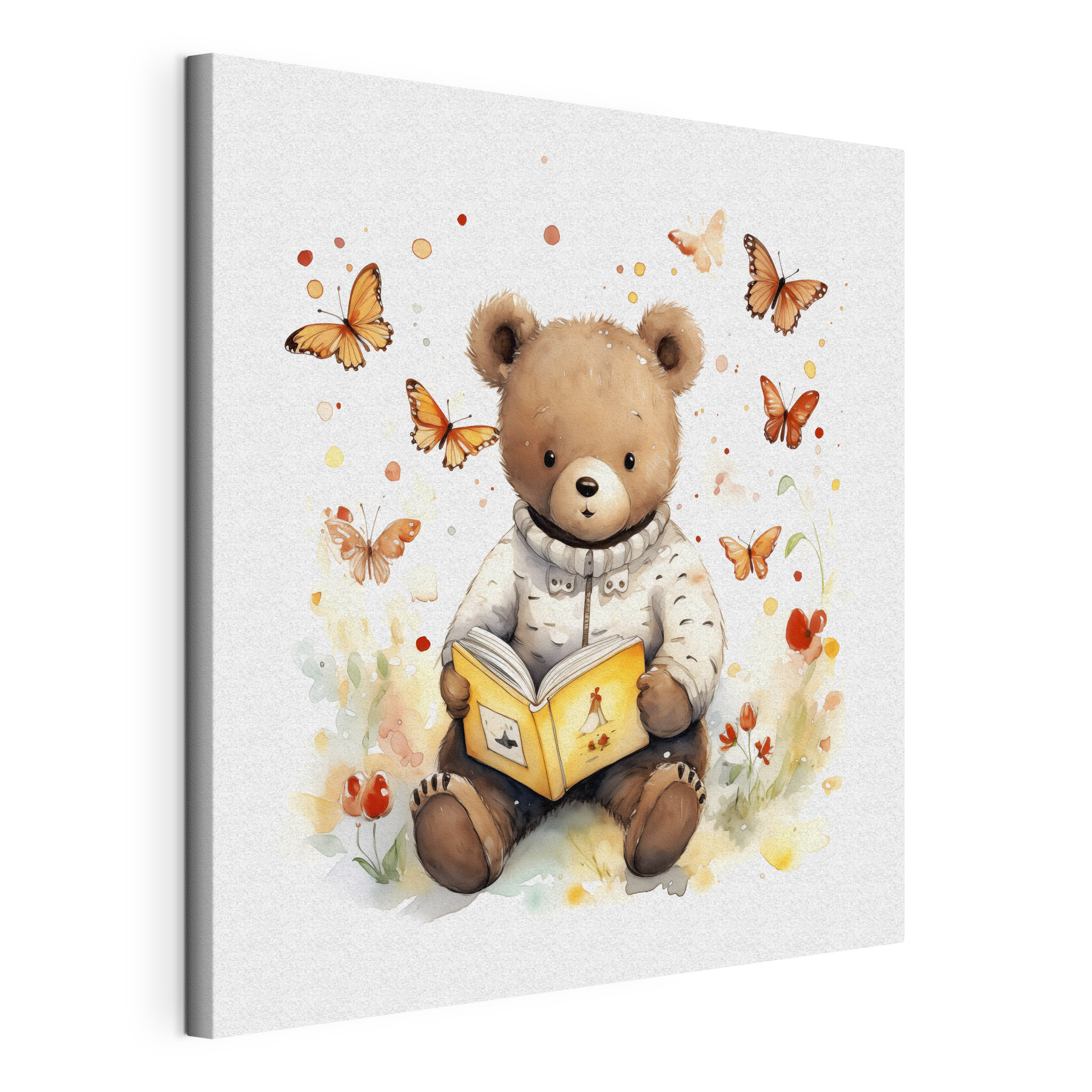 A teddy bear reading a book with butterflies flying around A teddy bear reading a book with butterflies flying around