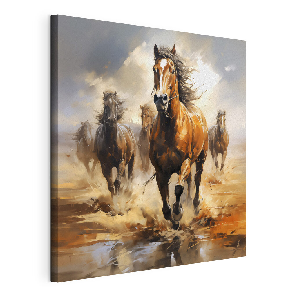 A group of horses running through water