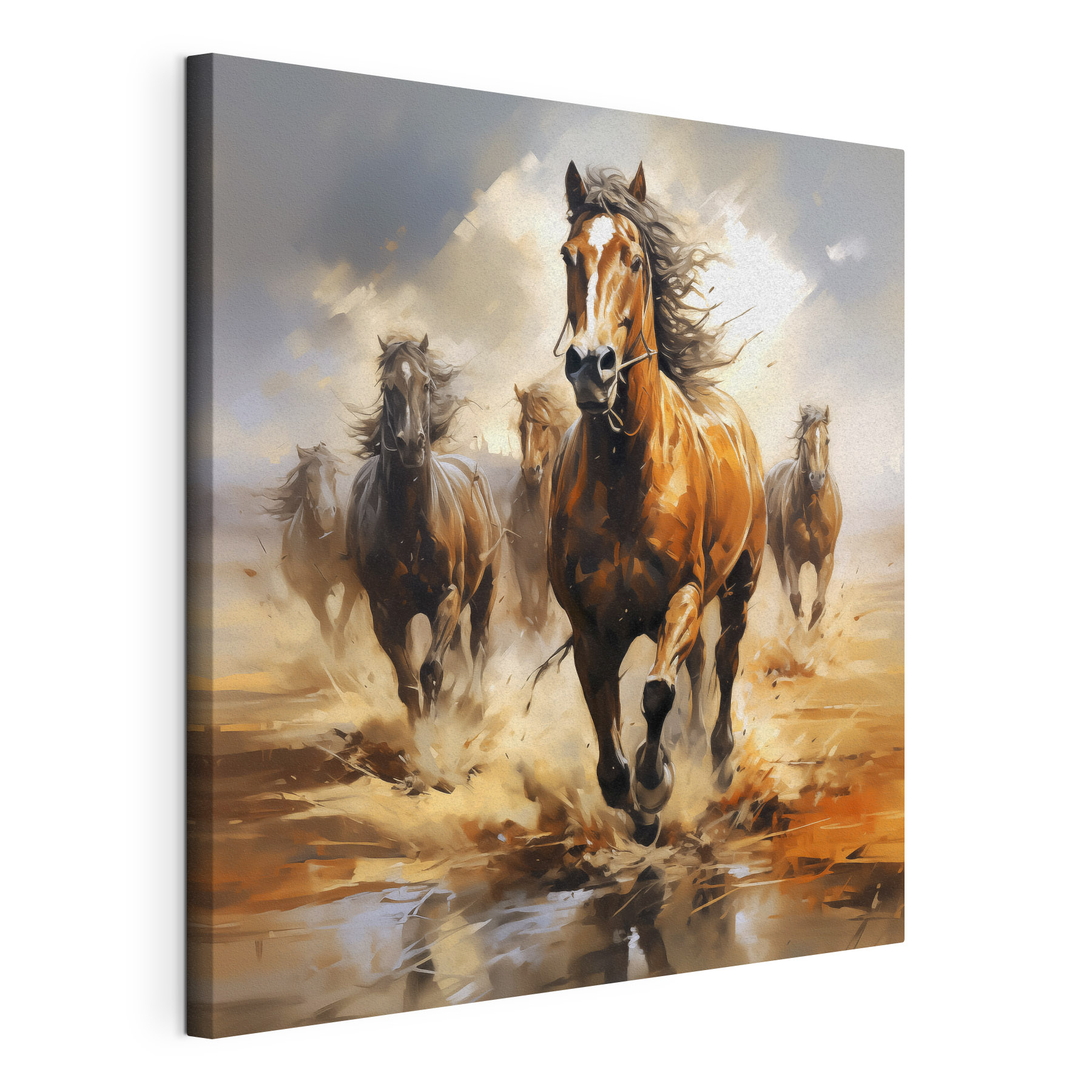 A group of horses running through water