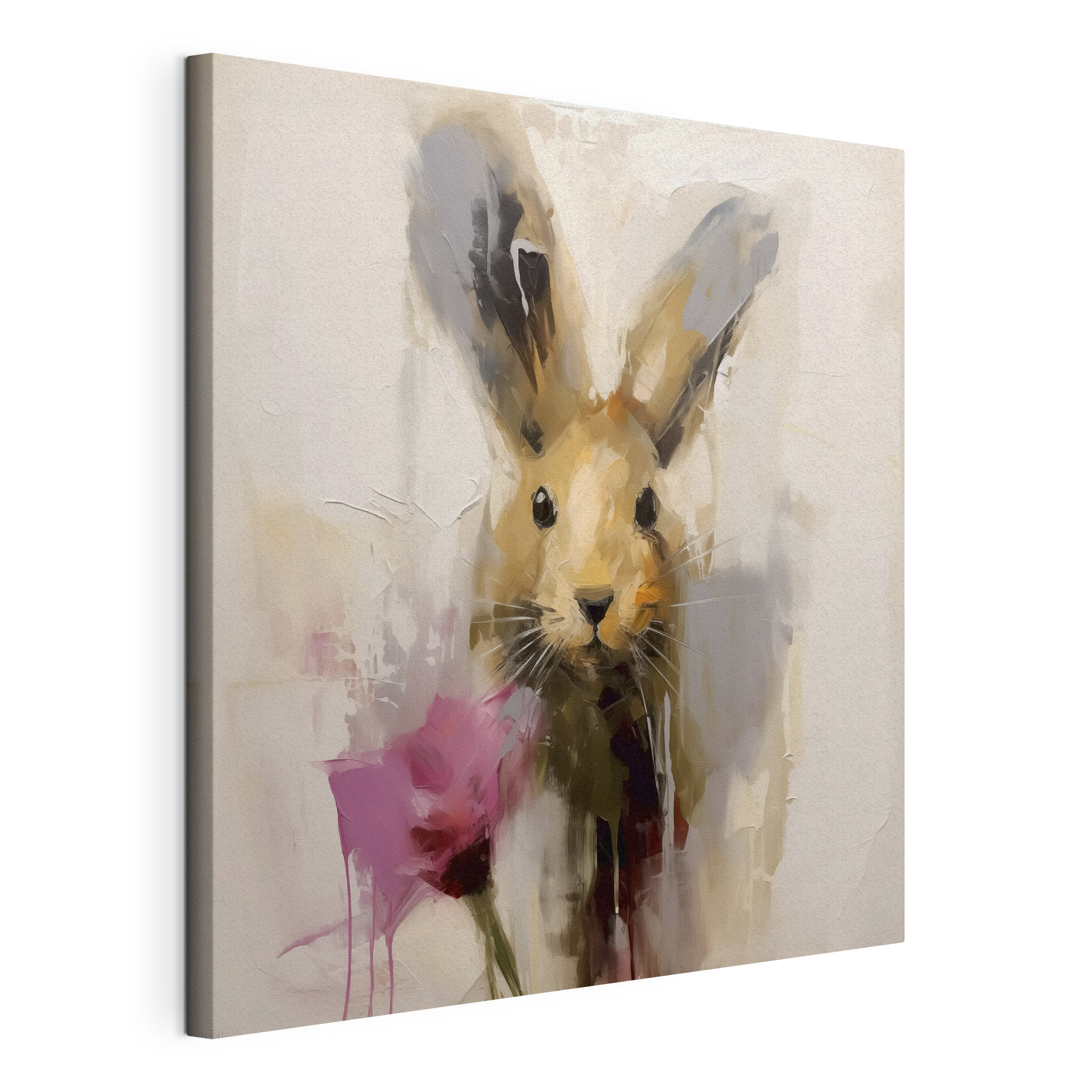 Painting of a rabbit holding a flower Painting of a rabbit holding a flower