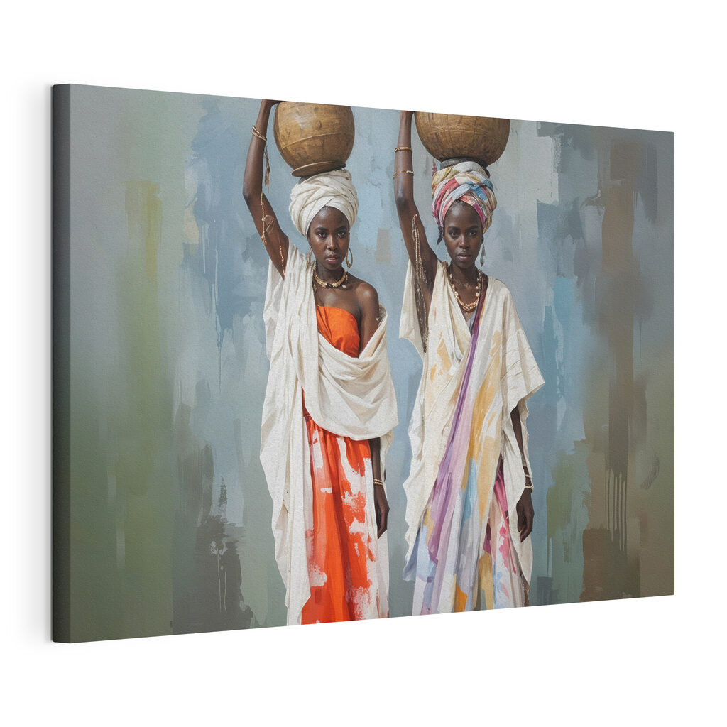 Group of women in traditional dresses holding baskets on their heads