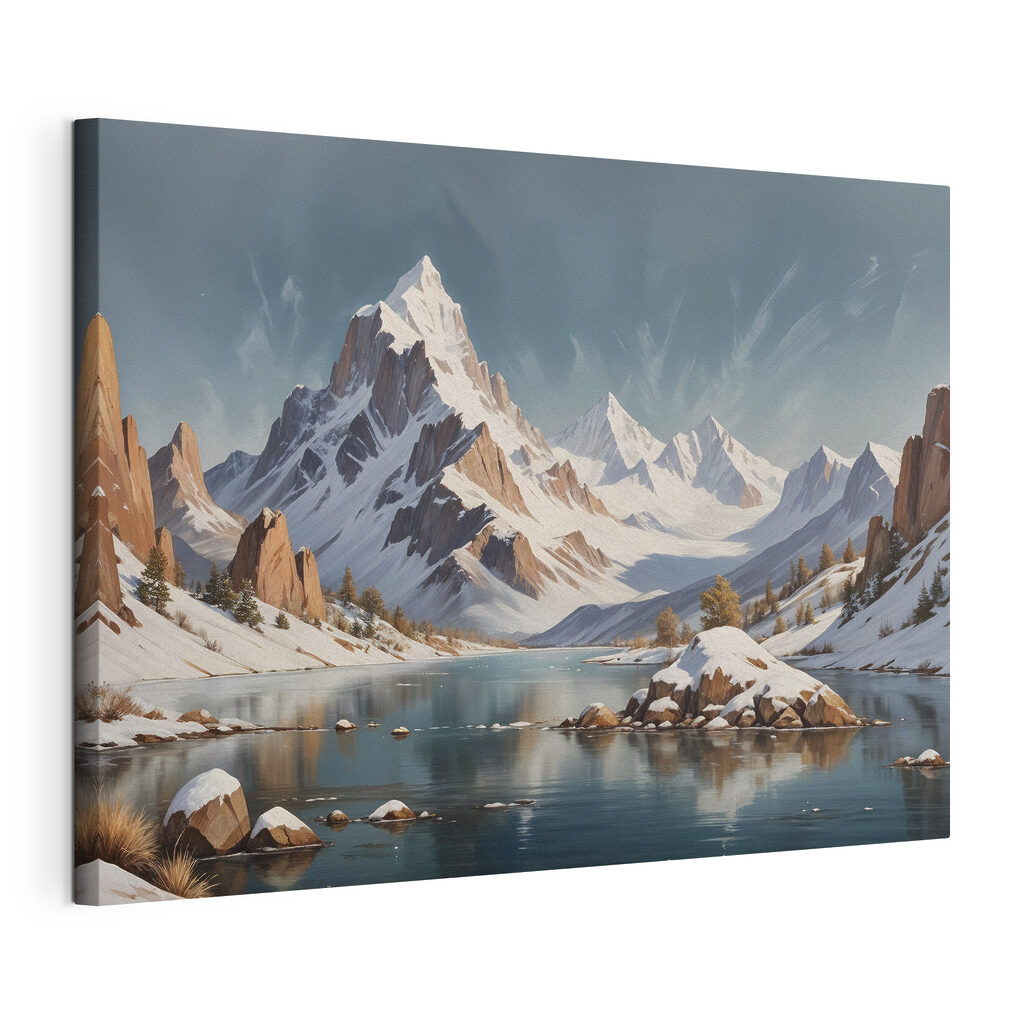 Snowy mountain range with a lake