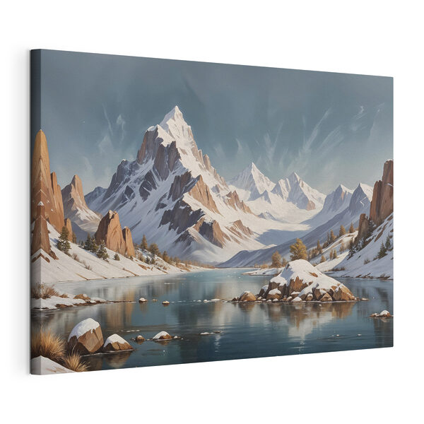 Quadri Catena montuosa innevata con un lago