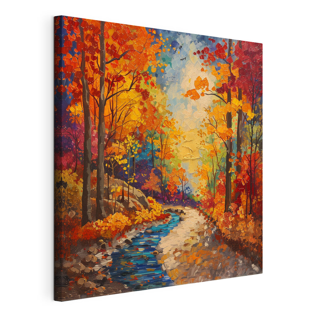 Painting of a river running through a forest Painting of a river running through a forest