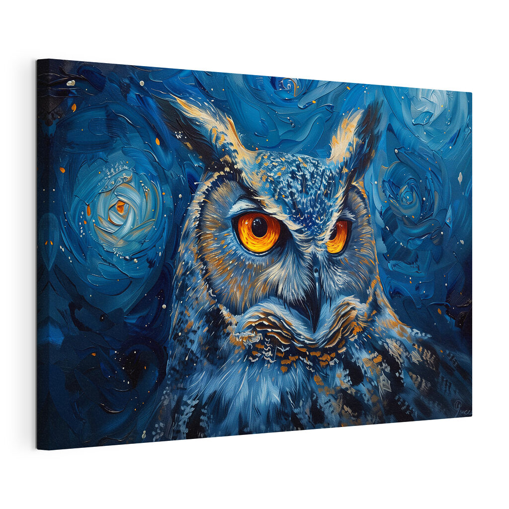An owl with orange eyes