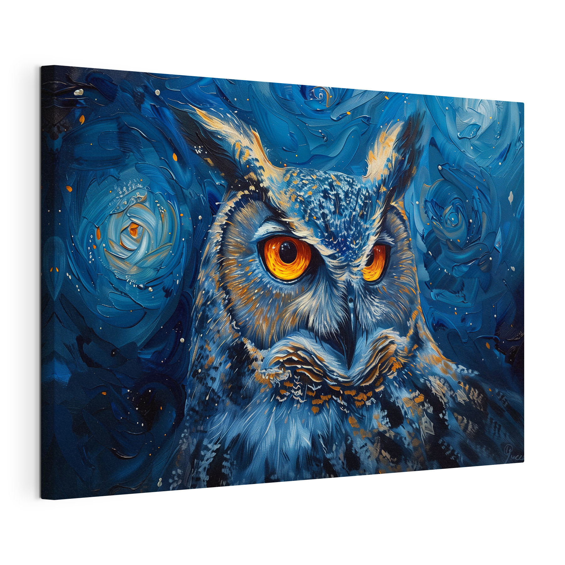 An owl with orange eyes